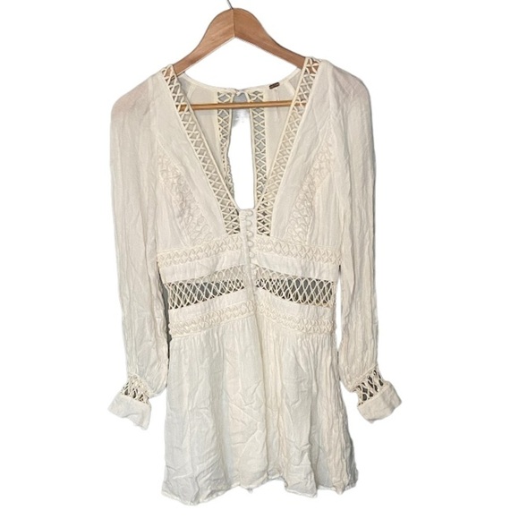 Free People I Think I Love You Crochet Inset Mini Dress in Ivory - Picture 4 of 13